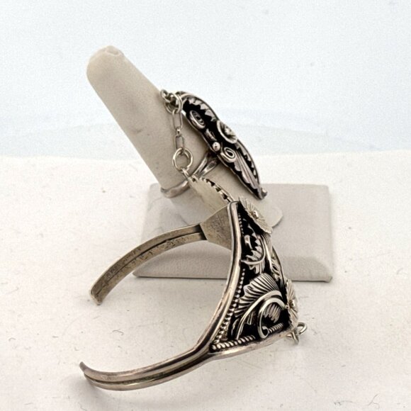 Estate Sterling Silver 925 Floral Leaf Slave Bracelet & Ring Set 43.6g Size 8.5 - Picture 2 of 8